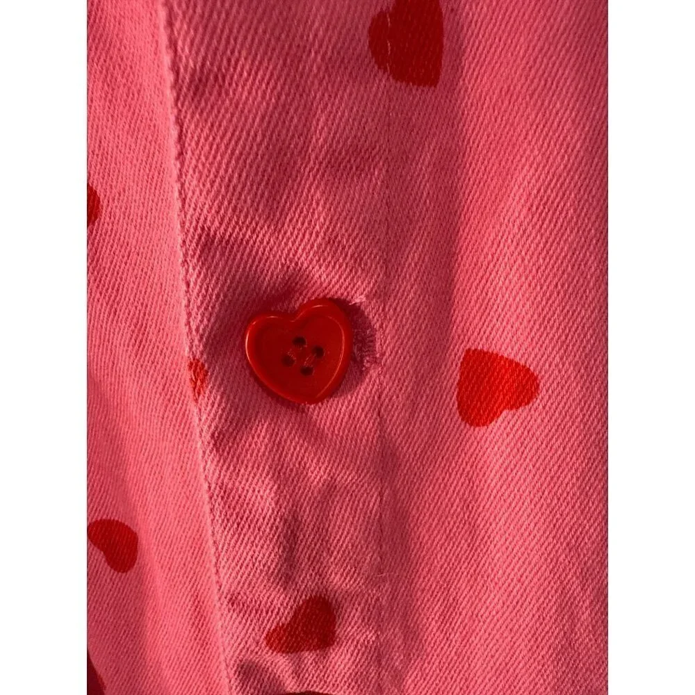 Mainstrip Romeo Heart Denim Distressed Romper Pink with Red Hearts Size S EUC
